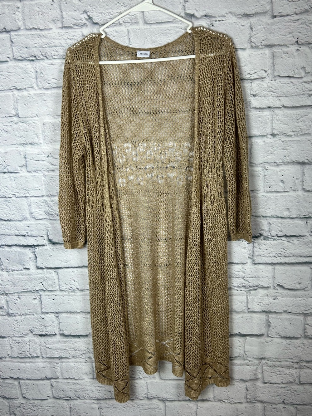 Lascana Open Knit Duster Cardigan Gold Metallic Crochet Longline Size 8/10 - Picture 2 of 8